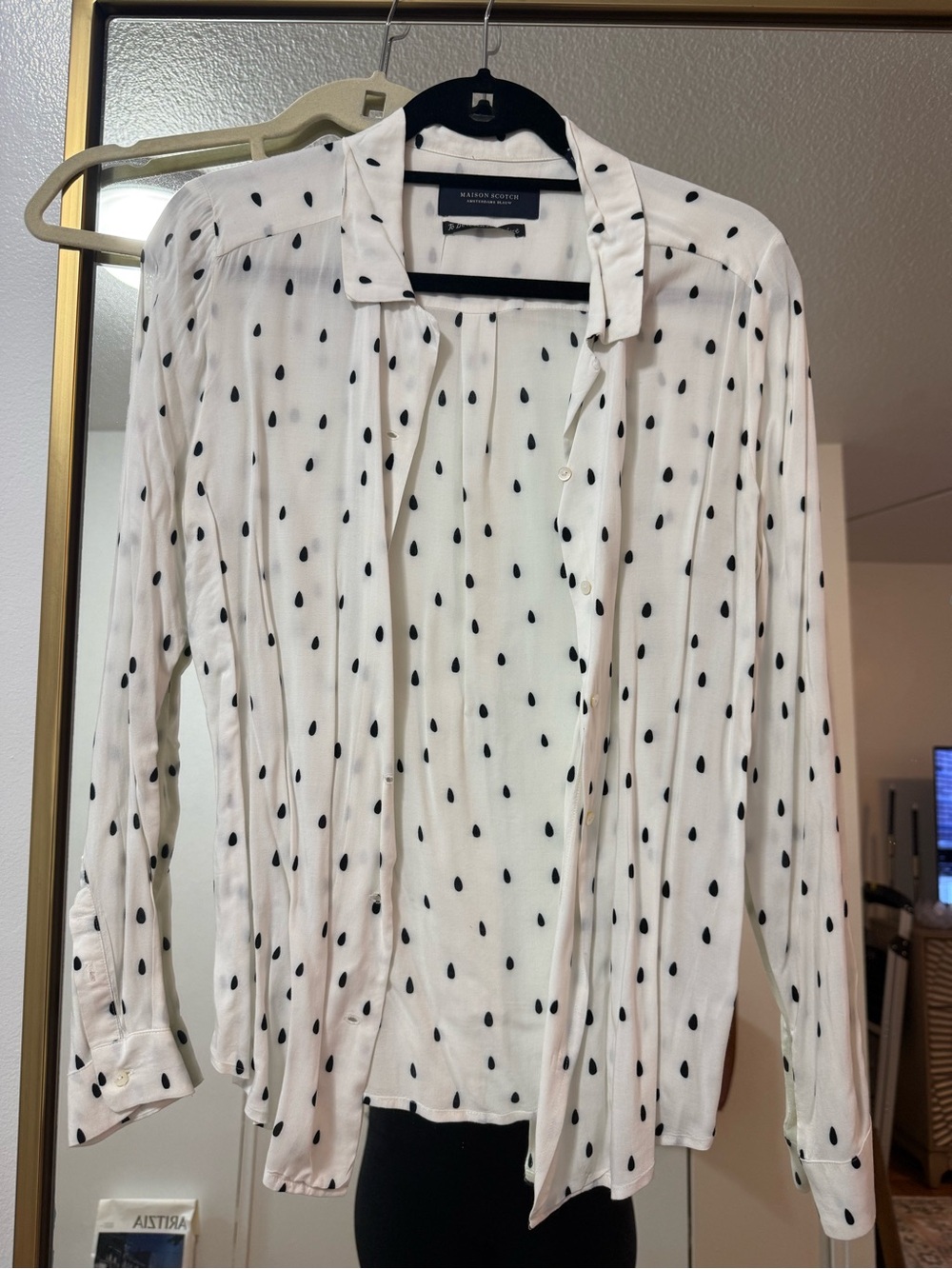 White Button-Up Blouse with Black Teardrop Print
